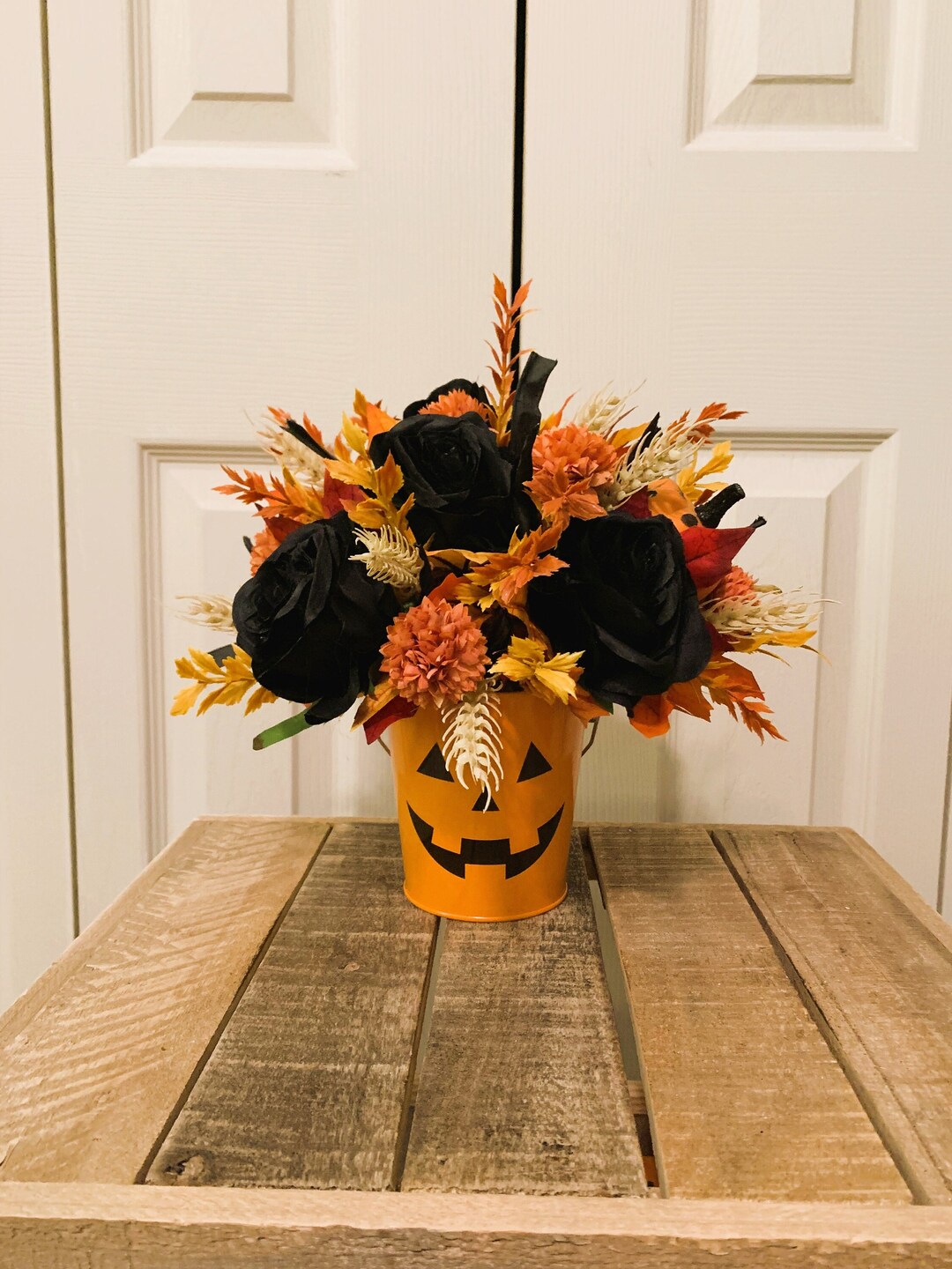 Small Halloween Floral Arrangement Black Roses Artificial Etsy