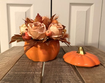 Very Small Floral Arrangement in Ceramic Pumpkin - Orange Ceramic Pumpkin with Flowers - Artificial Fall Floral - Thanksgiving Hostess Gift