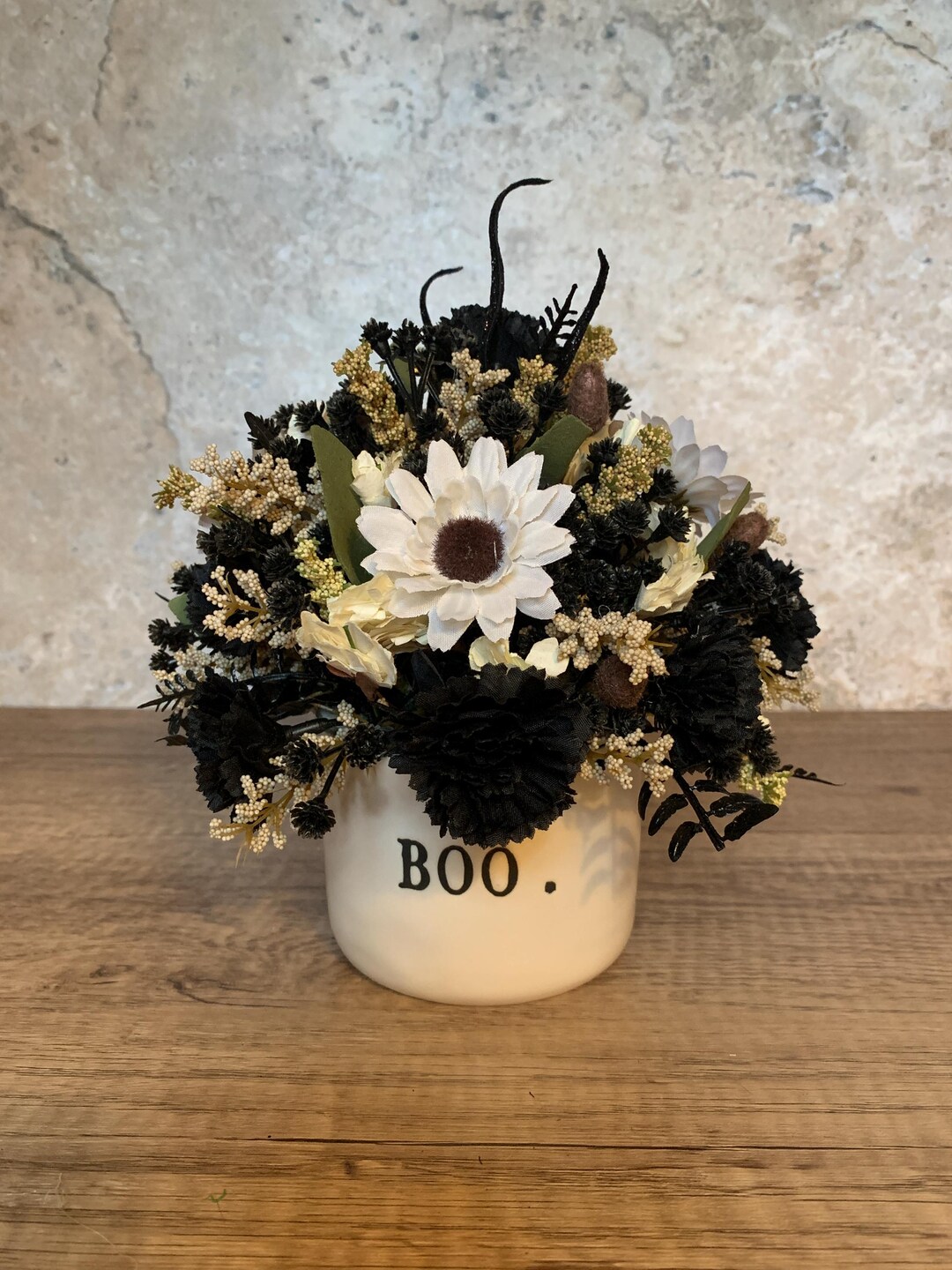 Small Halloween Flower Arrangement: Black & Ivory Carnations, 'boo ...