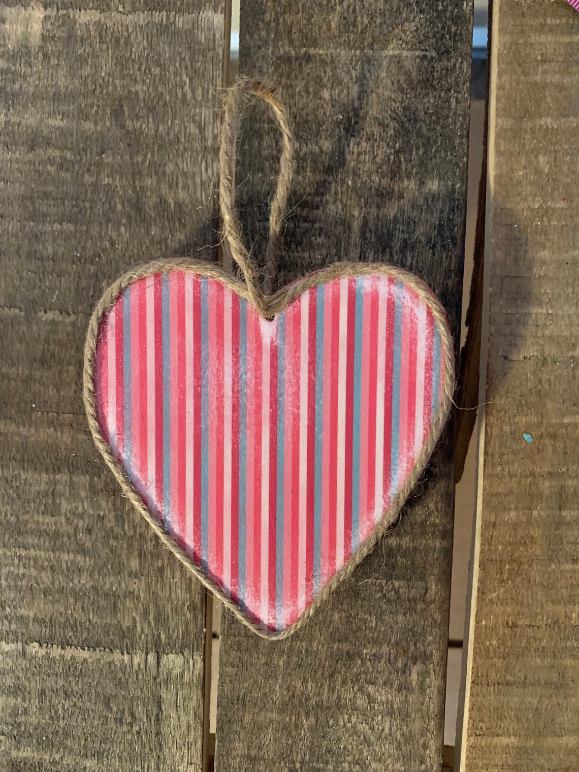 Shabby Chic Hanging Hearts Wood Heart Ornaments Decoupaged Etsy