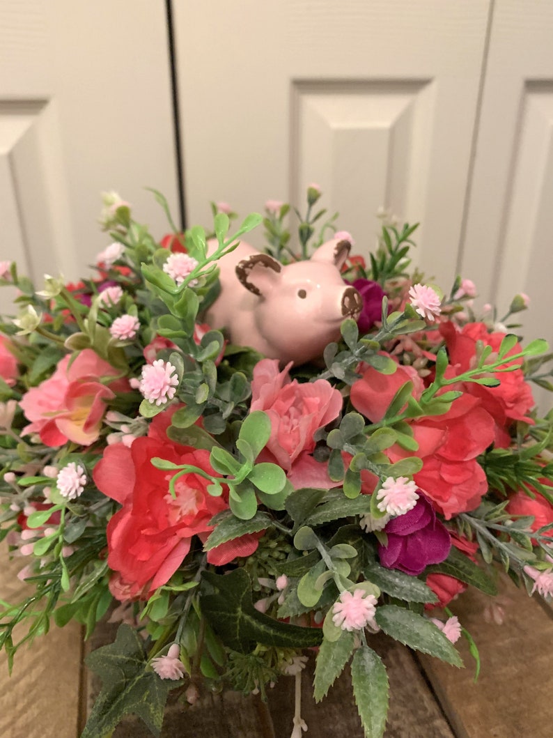 Small Artificial Flower Centerpiece With Rustic Ceramic Pig Etsy