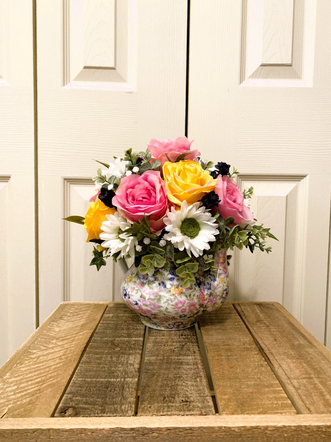 Porcelain Teapot Floral Arrangement Flowers in Teapot Artificial Yellow