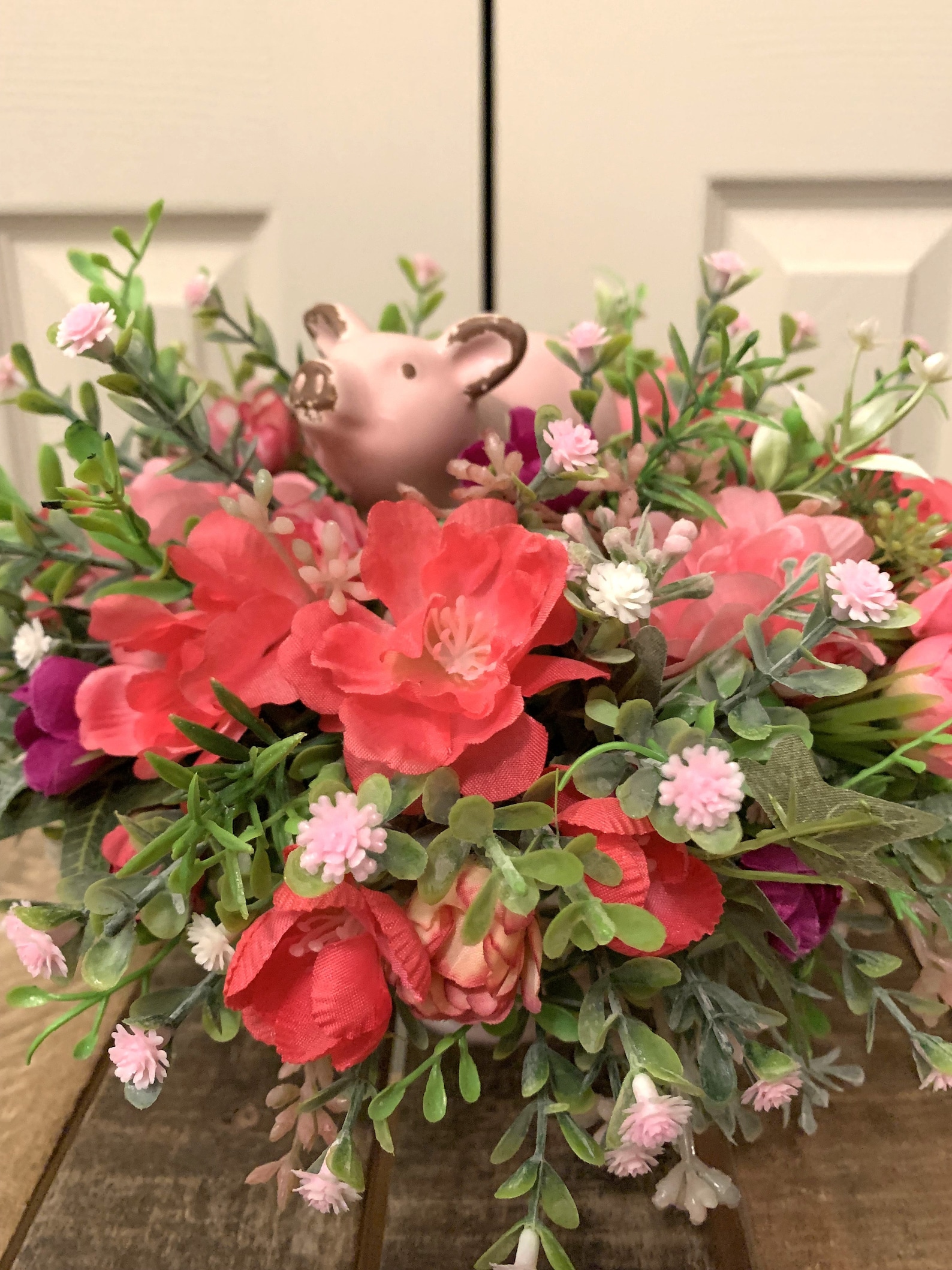 Small Artificial Flower Centerpiece With Rustic Ceramic Pig Etsy