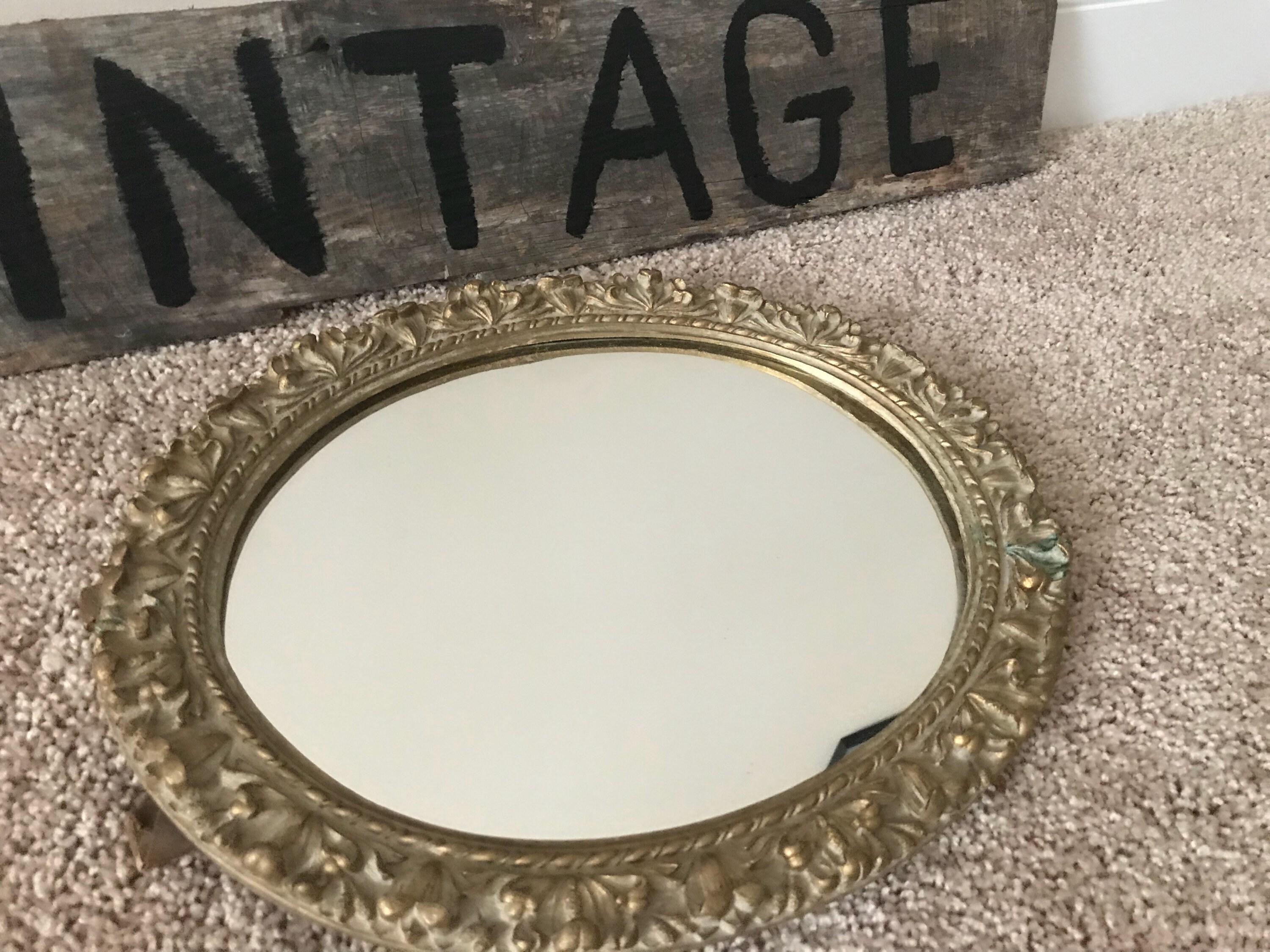 Antique Gold Tone Ornate Oval Table Top Mirror With Stand Etsy