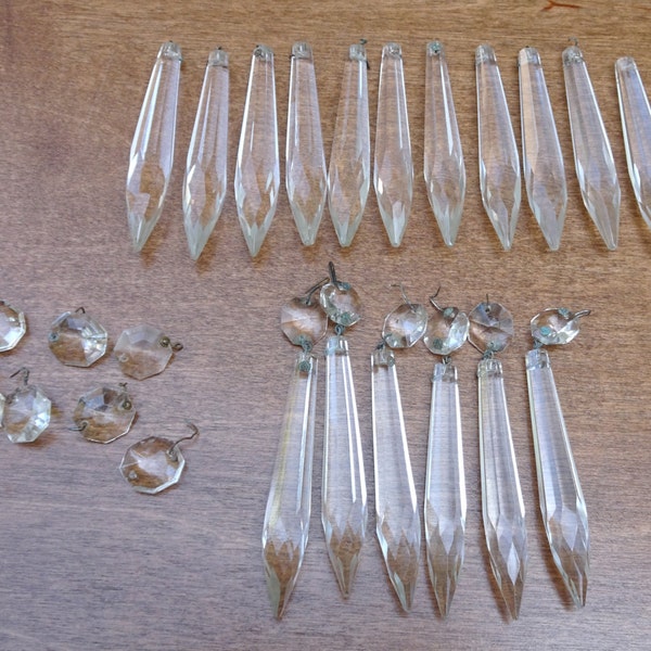 Vintage 6 Chandelier Crystal Prisms Spear Icicle Drops with Octagon 1950's Plus 19 Pieces | Chandelier Crystals | Chandelier Earrings