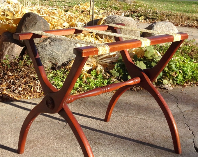 Vintage Wooden Folding Luggage Rack With Crewelwork Straps Fold Out