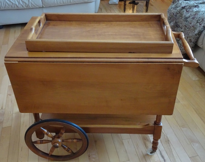 Vintage Maple Wood Drop Leaf Tea Cart Beverage Cart and Removable Tray