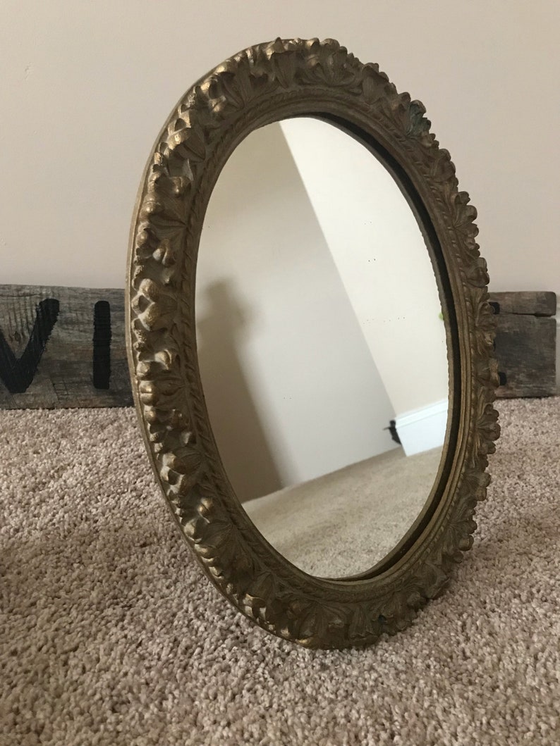 Antique Gold Tone Ornate Oval Table Top Mirror With Stand Victorian Style Romantic Vanity Dresser