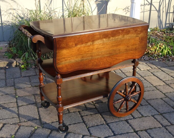 Vintage Folding Tea Cart Beverage Cart With Wagon Wheels by Pennsylvania House Furniture Tea