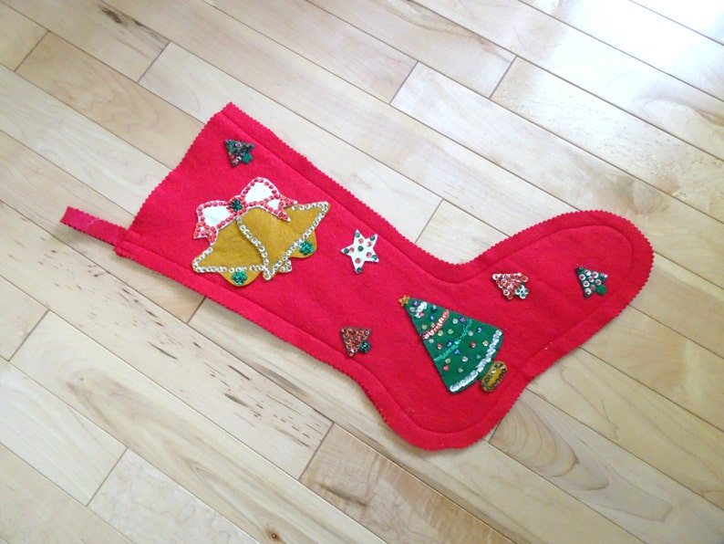 Vintage Felt Sequin Christmas Stocking Fireplace Mantel Stocking Stuffer Vintage Holiday Stocking Vintage Christmas Christmas Tree
