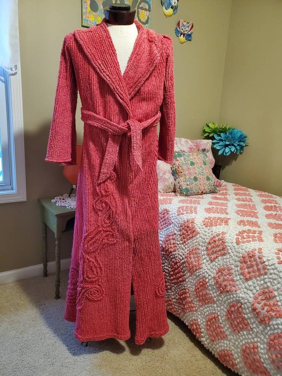 Vintage Terrycord Chenille Robe, 1950s Rose Red /