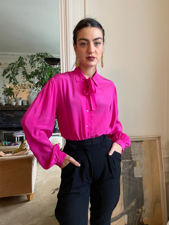 1970s Lanvin hot pink silk blouse, thin pussy bow