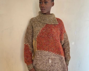 1970s Thierry Mugler sweater, chunky and super soft knit, asymmetrical collar, lined side pockets