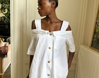 1990s Romeo Gigli off shoulders blouse, white cotton, wide straps, short sleeves, chest pocket / extra small - small