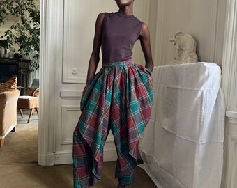 Spring Summer 1986 Kenzo pants, cotton plaid in gorgeous tones, high waisted, amazing construction / small - medium