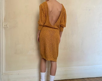 1980s deep v open back knit dress, orangey yellow, puffy sleeves / medium - large