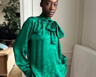 1980s Yves Saint Laurent Rive Gauche blouse, green brocade silk with butterflies, pussy bow collar / medium