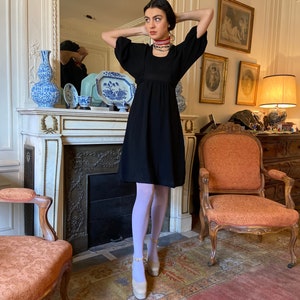 1970s Bus Stop by Lee Bender black crepe shirt dress, balloon sleeves, ties in the back / extra small