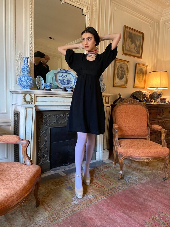 1970s Bus Stop by Lee Bender Black Crepe Shirt Dress