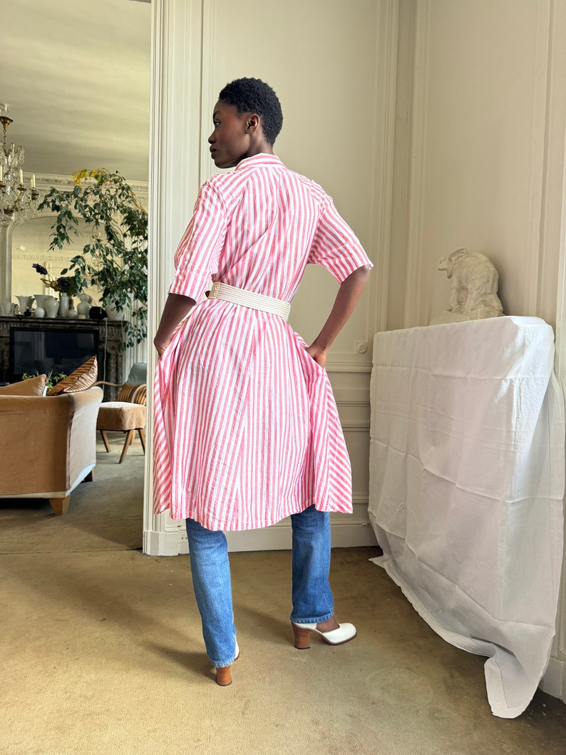 mid 1980s Kenzo open shirt, red and white striped cotton, midi length / osfm image 7