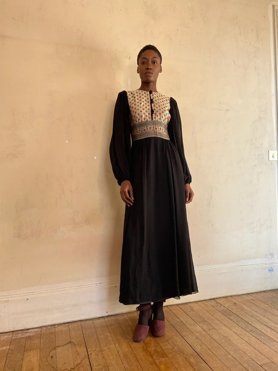 1970s Thea Porter Dress, Amazing Piece, Black Silk Chiffon