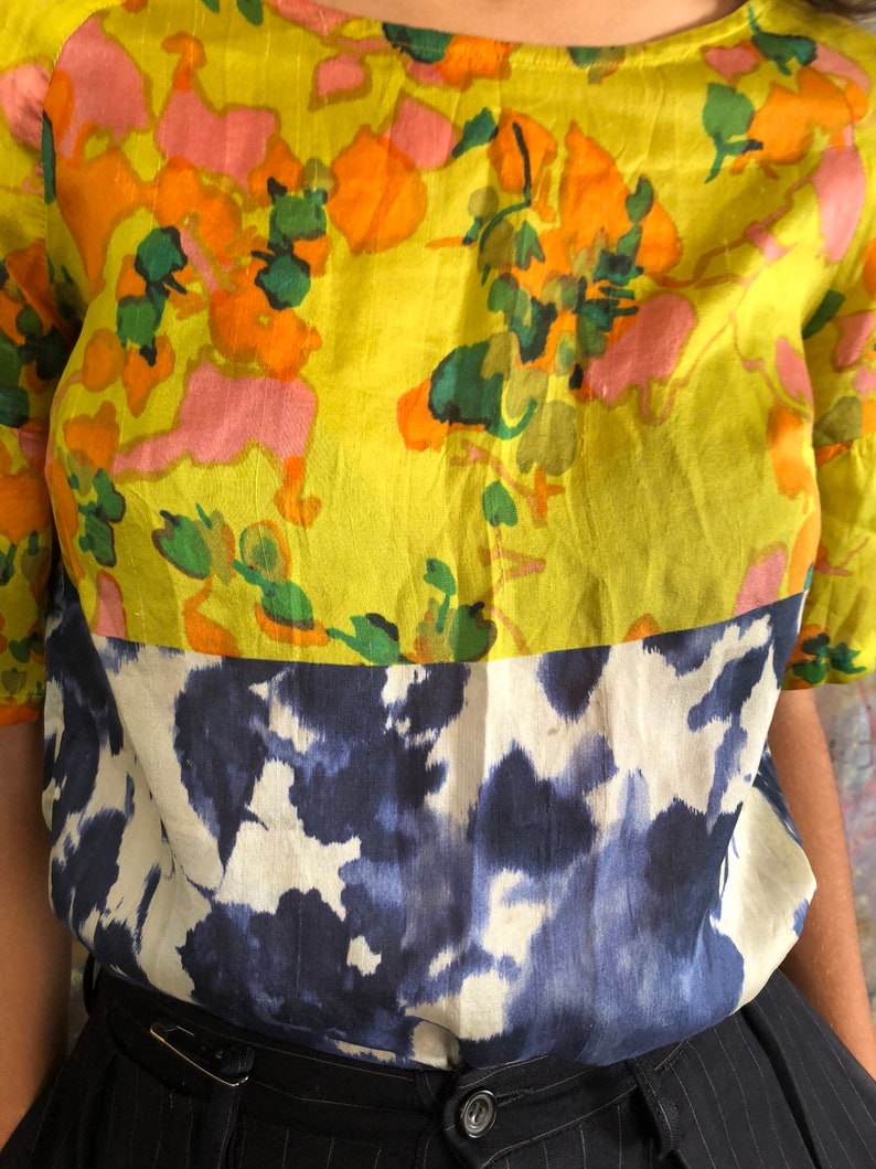 Dries Van Noten beautiful & colorful silk top, 2 different floral patterns screen printed / xsmall small image 6