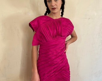 1980s Krizia hot pink pleated dress, wrap effect, side zipper, cotton / small - medium