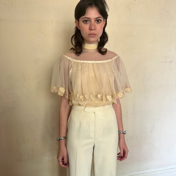 1970s amazing blouse, cream silk bodice with embroidered tulle capelet