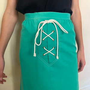 1980s Céline Sport lace up skirt, green denim, white cord / extra small small image 4