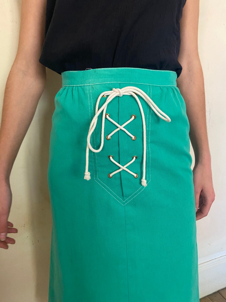 1980s Céline Sport lace up skirt, green denim, white cord / extra small small image 4