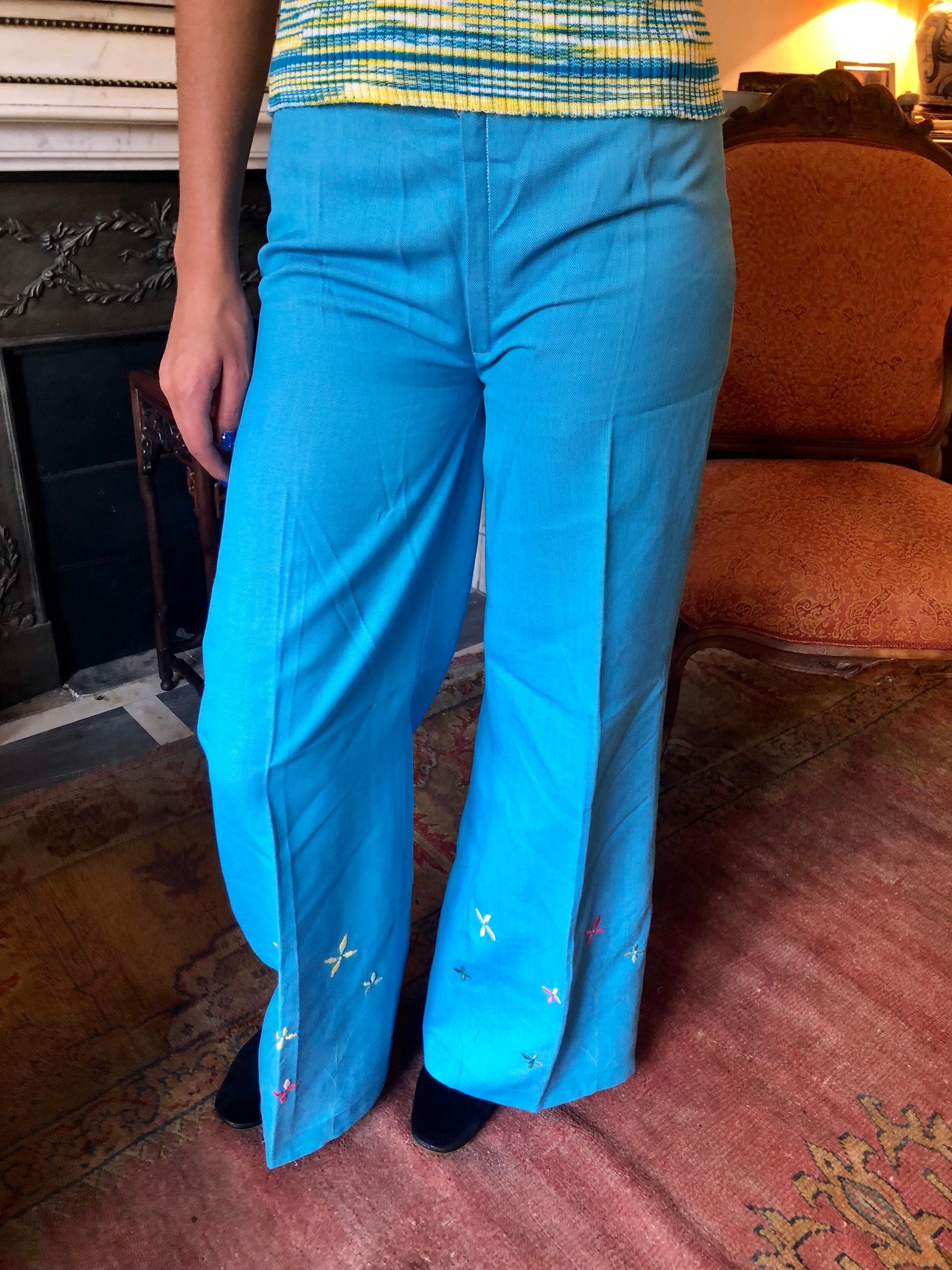 1970s Light Blue Bell Bottoms Very Wide Leg Floral Etsy