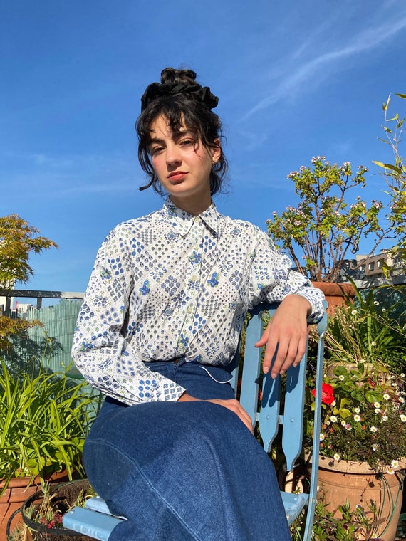 1980s Cacharel white shirt blue floral print, long
