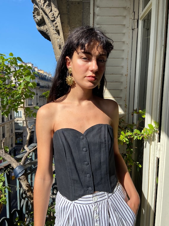 1980s black linen bustier top, covered buttons / s