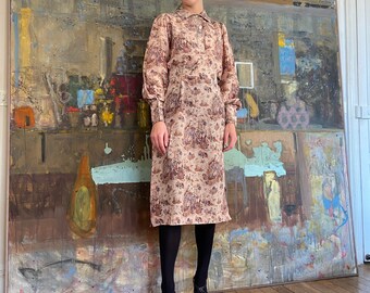 1970s Ted Lapidus beige novelty print with ladies and animals midi dress / small - medium