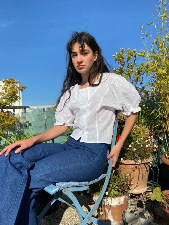 1980s Cacharel white eyelet blouse, square necklin
