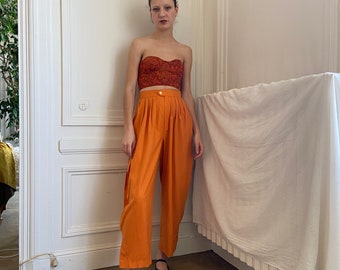 1980s Yves Saint Laurent orange silk noil high waisted pants, gorgeous pleating work / extra small - small