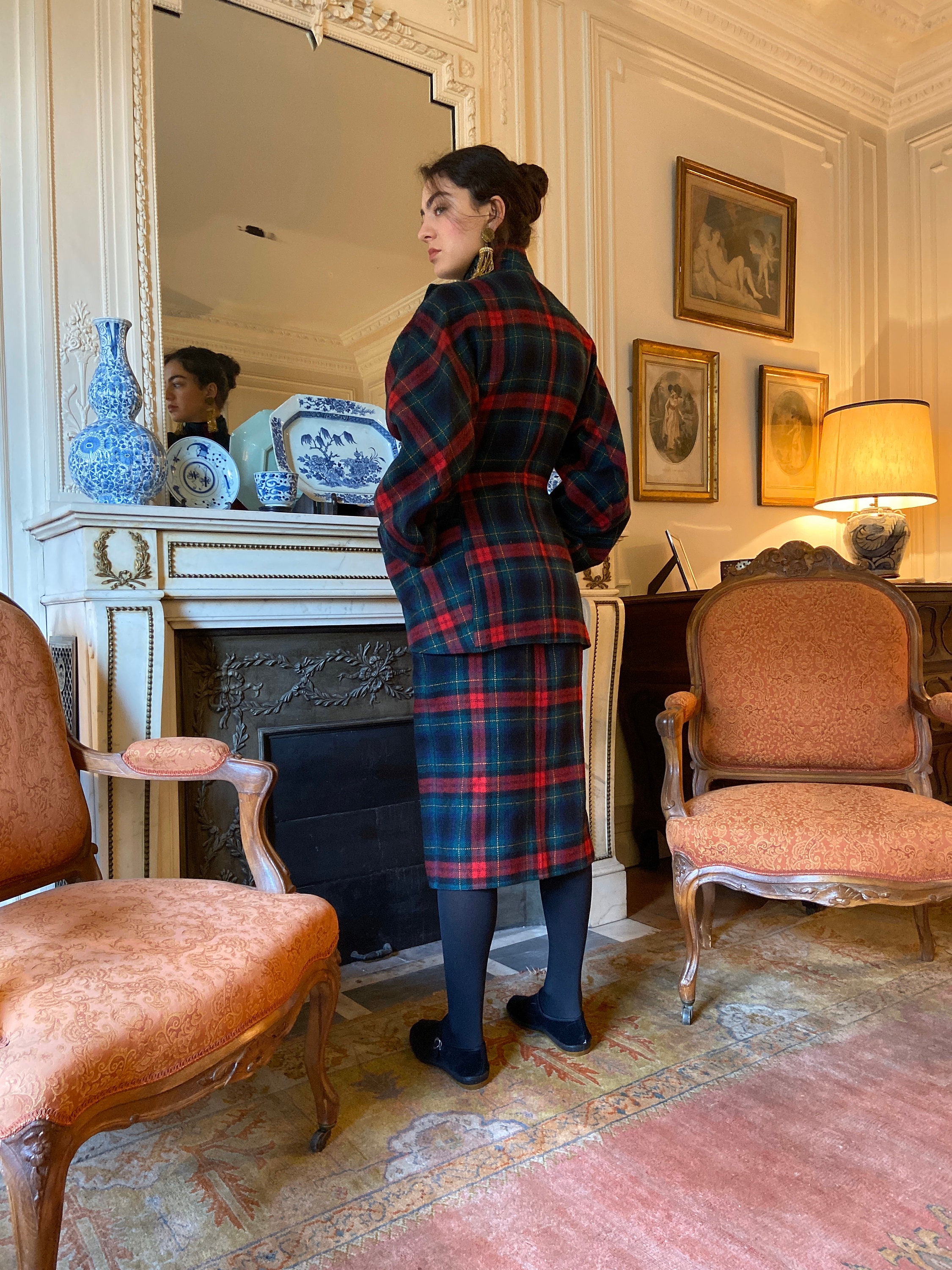 1980s Anne Marie Beretta Navy & Red Plaid Two Piece, Jacket and