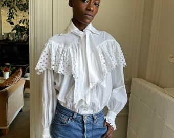 1980s Chantal Thomass white cotton eyelet oversized blouse