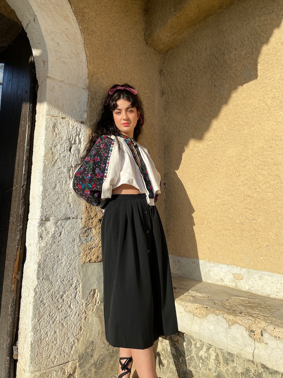 1970s Yves Saint Laurent Black High Waisted Skirt, Buttoned Front  