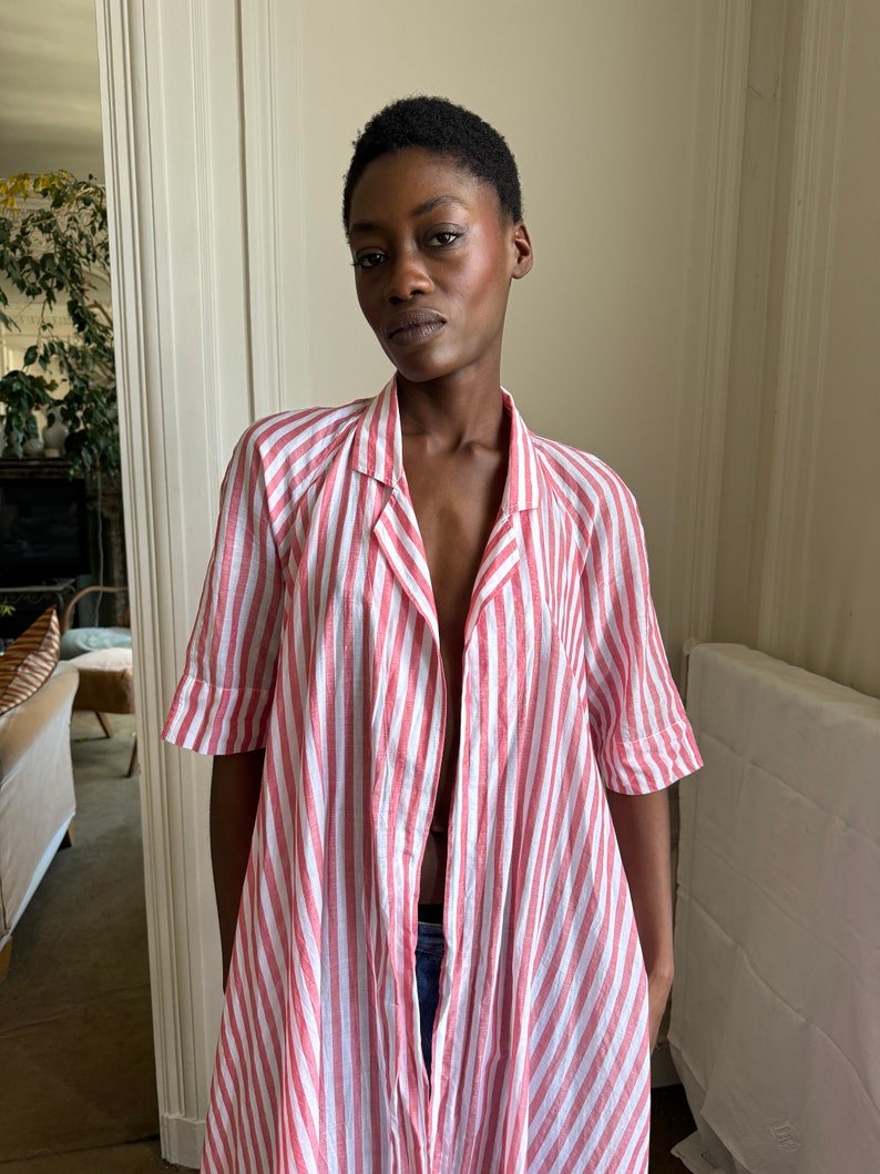 mid 1980s Kenzo open shirt, red and white striped cotton, midi length / osfm image 8