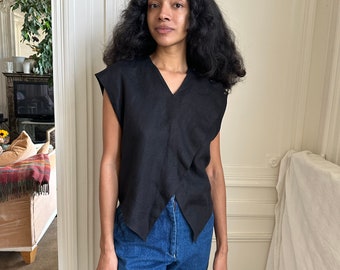 1980s Dorothée Bis black linen sleeveless top with great construction / small - medium