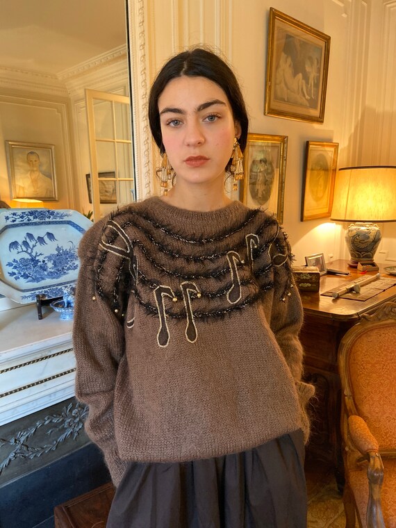 1980s musical notes brown mohair sweater, long sle