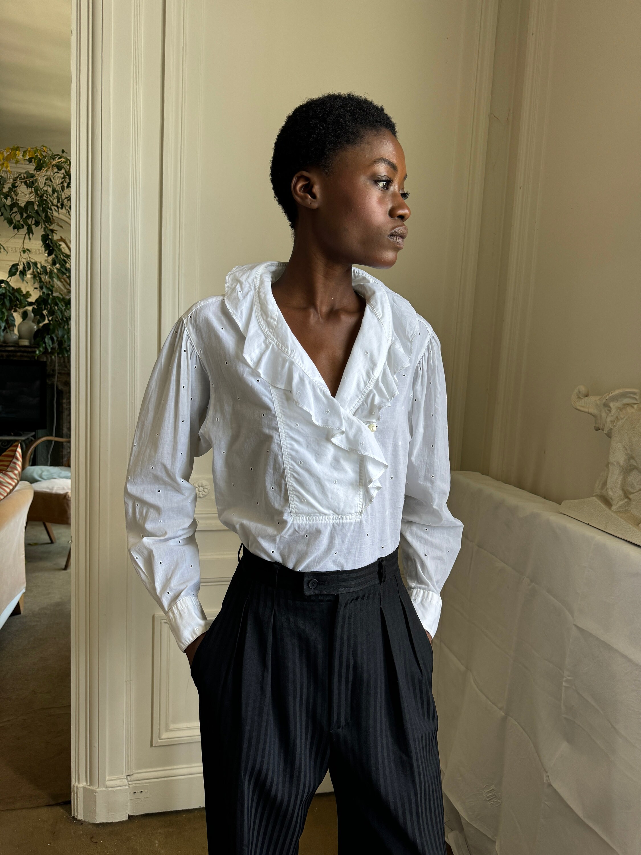 Spring Summer 1982 Kenzo White Cotton Eyelet Blouse, Ruffled 