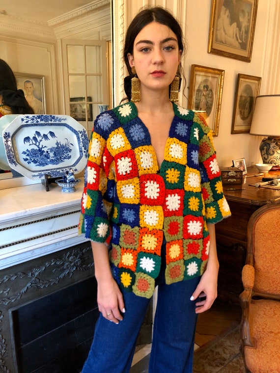 1970s hand knitted granny square crochet colorful