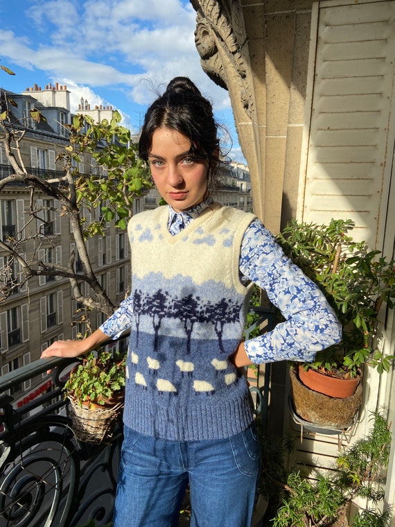 1970s landscape & sheep intarsia pure wool sweater