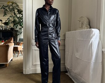1970s french made black satin jumpsuit / extra small