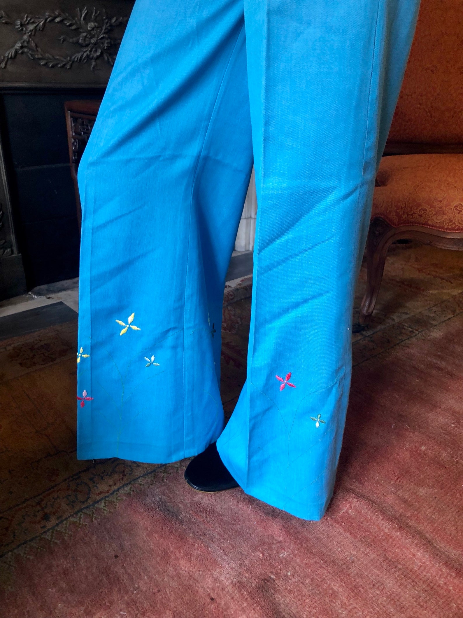 1970s Light Blue Bell Bottoms Very Wide Leg Floral Etsy