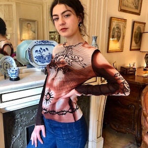 1990s RARE Jean Paul Gaultier Maille mesh top safe sex forever tattoos print / medium large image 2