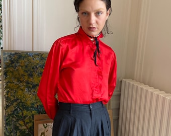 1970s Kenzo red silk satin blouse, ruffled neckline and cuffs / small