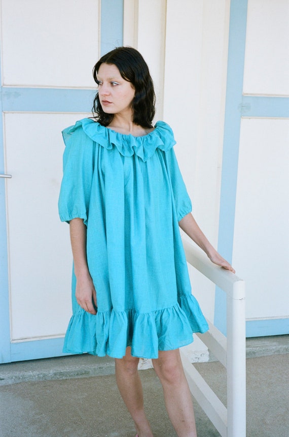 1970s Mic Mac Saint Tropez Blue Cotton Dress Ruffled Neckline - Etsy